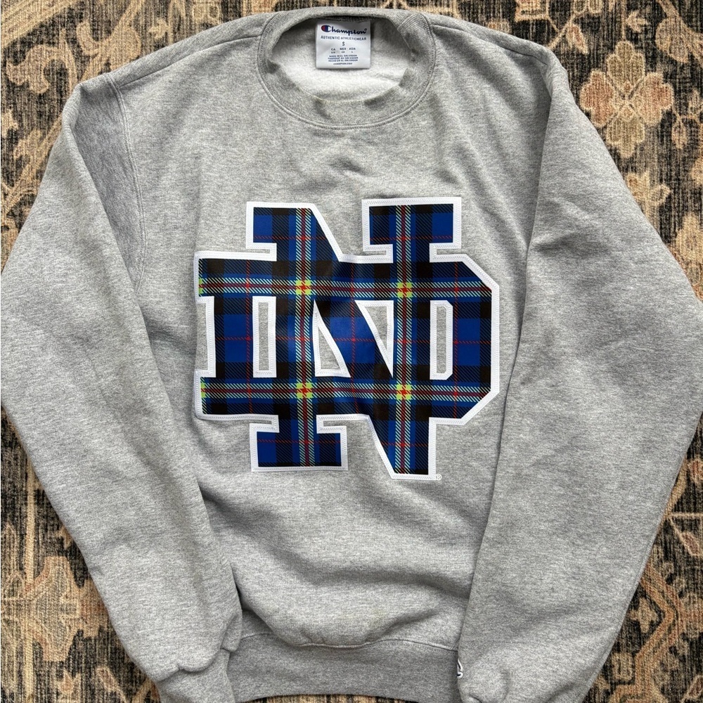 Champion Gray Notre Dame Sweatshirt with Blue Plaid Logo - Picture 1 of 2